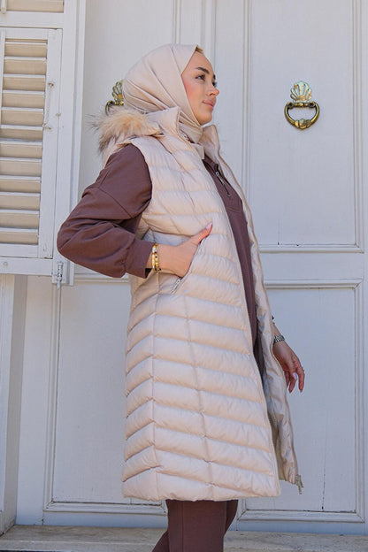 Women's Hooded Long Puffer Vest Beige