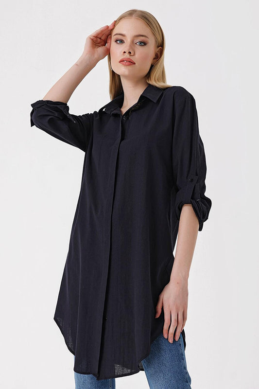 5885 Long Linen Shirt - Black