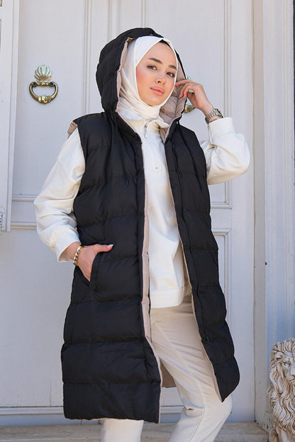 Women's Double-Sided Long Puffer Vest Black-Beige