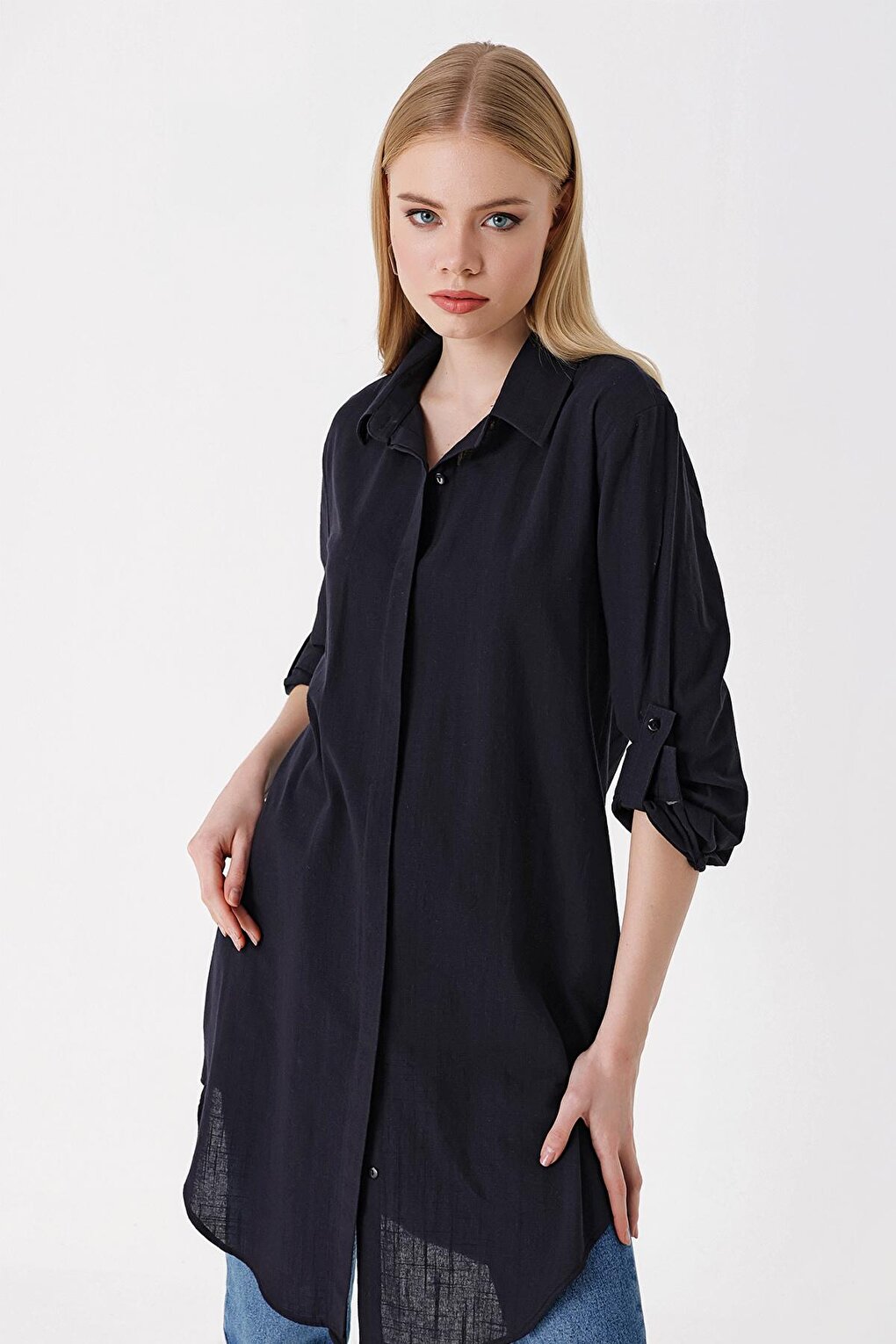 5885 Long Linen Shirt - Black