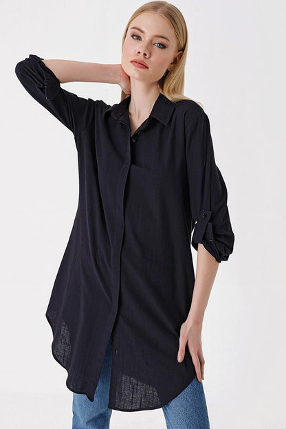 5885 Long Linen Shirt - Black