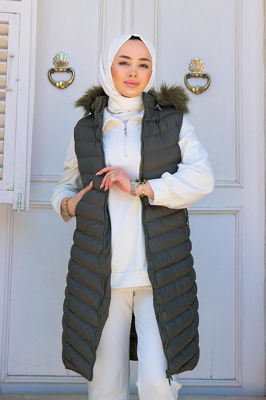 Women's Hooded Long Puffer Vest Khaki Green