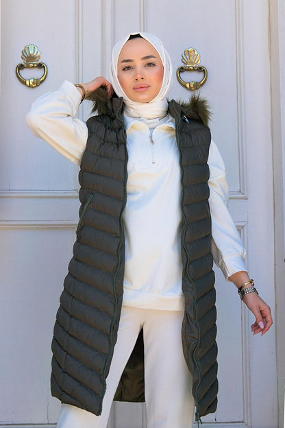 Women's Hooded Long Puffer Vest Khaki Green