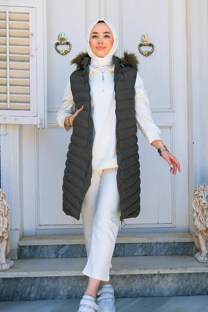 Women's Hooded Long Puffer Vest Khaki Green