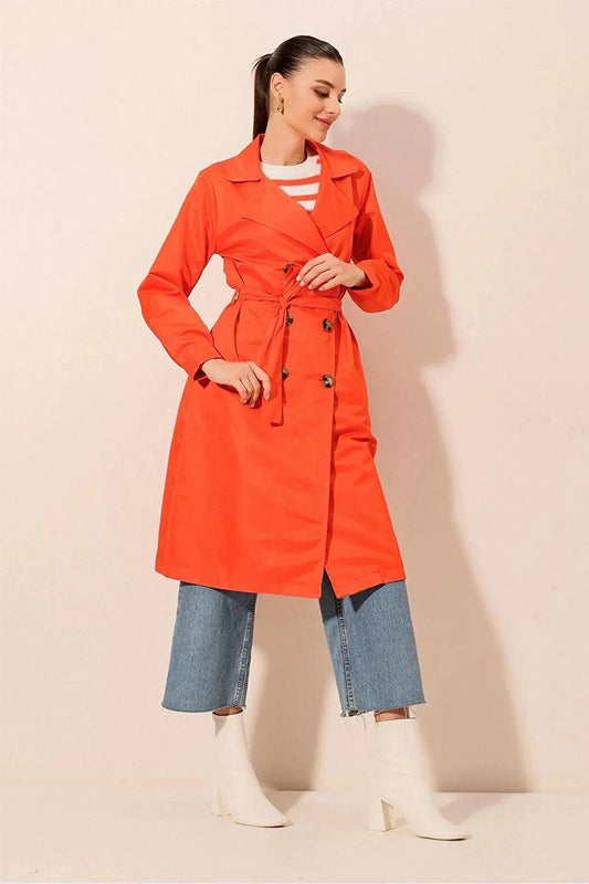 Women's Orange Double Breasted Collar Belted Unlined Seasonal Comfortable Trench Coat Hzl22s-bd158531