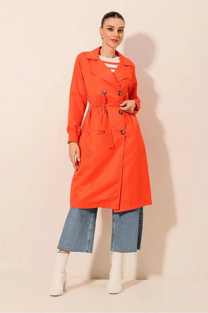 Women's Orange Double Breasted Collar Belted Unlined Seasonal Comfortable Trench Coat Hzl22s-bd158531