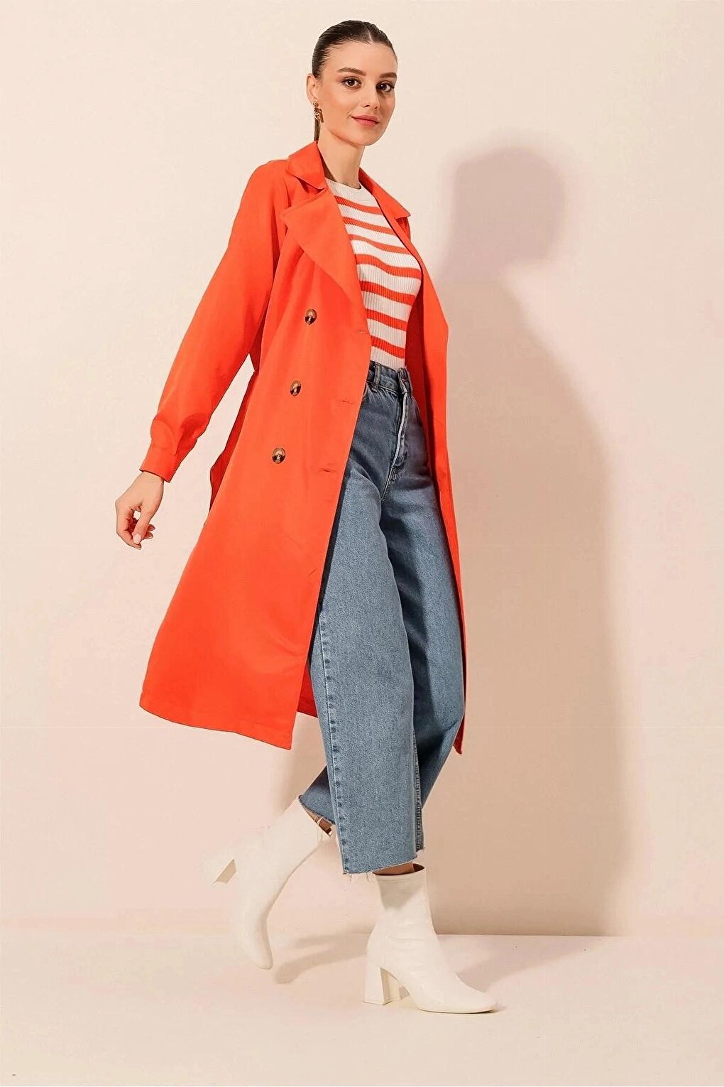 Women's Orange Double Breasted Collar Belted Unlined Seasonal Comfortable Trench Coat Hzl22s-bd158531