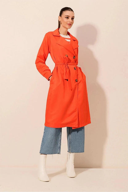 Women's Orange Double Breasted Collar Belted Unlined Seasonal Comfortable Trench Coat Hzl22s-bd158531