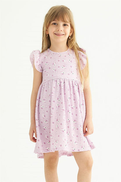 Girl's Lilac Colored Ruffle Polka Dot Dress