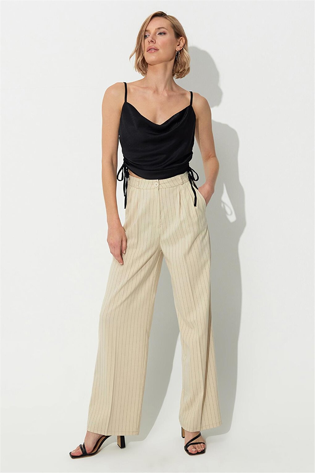 Ecru Striped Wide Leg Pleated Fabric Trousers SS23P4732EK