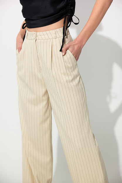 Ecru Striped Wide Leg Pleated Fabric Trousers SS23P4732EK