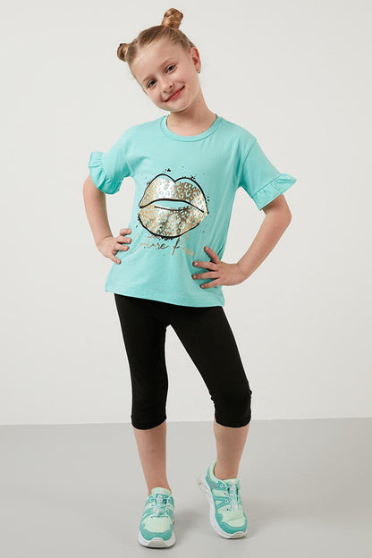 Cotton Printed Crew Neck T Shirt with Ruffled Sleeves 6211019