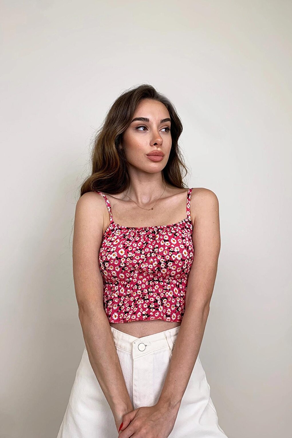 Floral Patterned Rope Strap Crop Blouse with Waistband