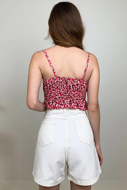 Floral Patterned Rope Strap Crop Blouse with Waistband