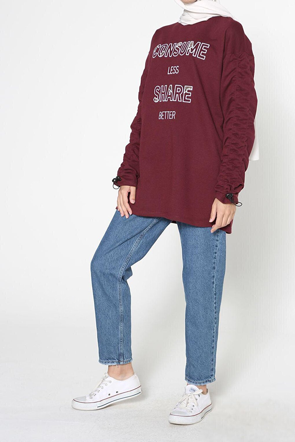 Burgundy Sleeve Elastic Embroidered Sweatshirt