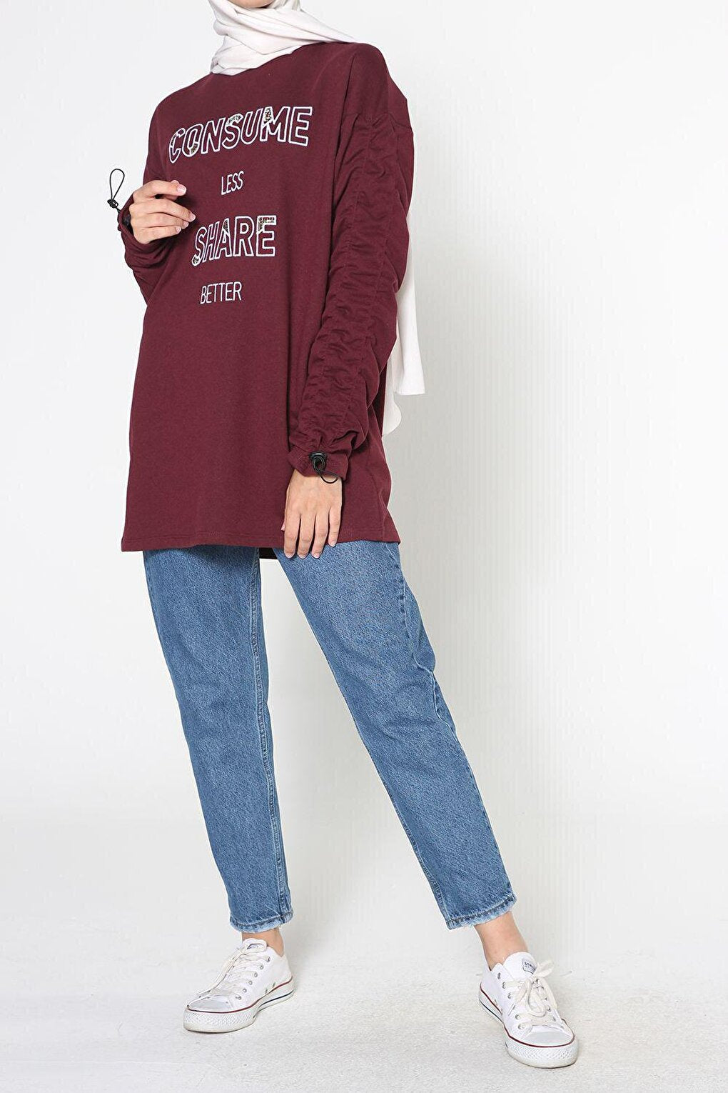 Burgundy Sleeve Elastic Embroidered Sweatshirt