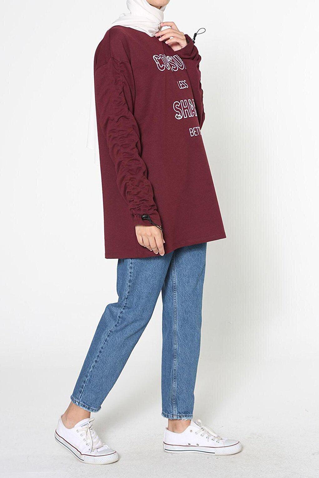 Burgundy Sleeve Elastic Embroidered Sweatshirt