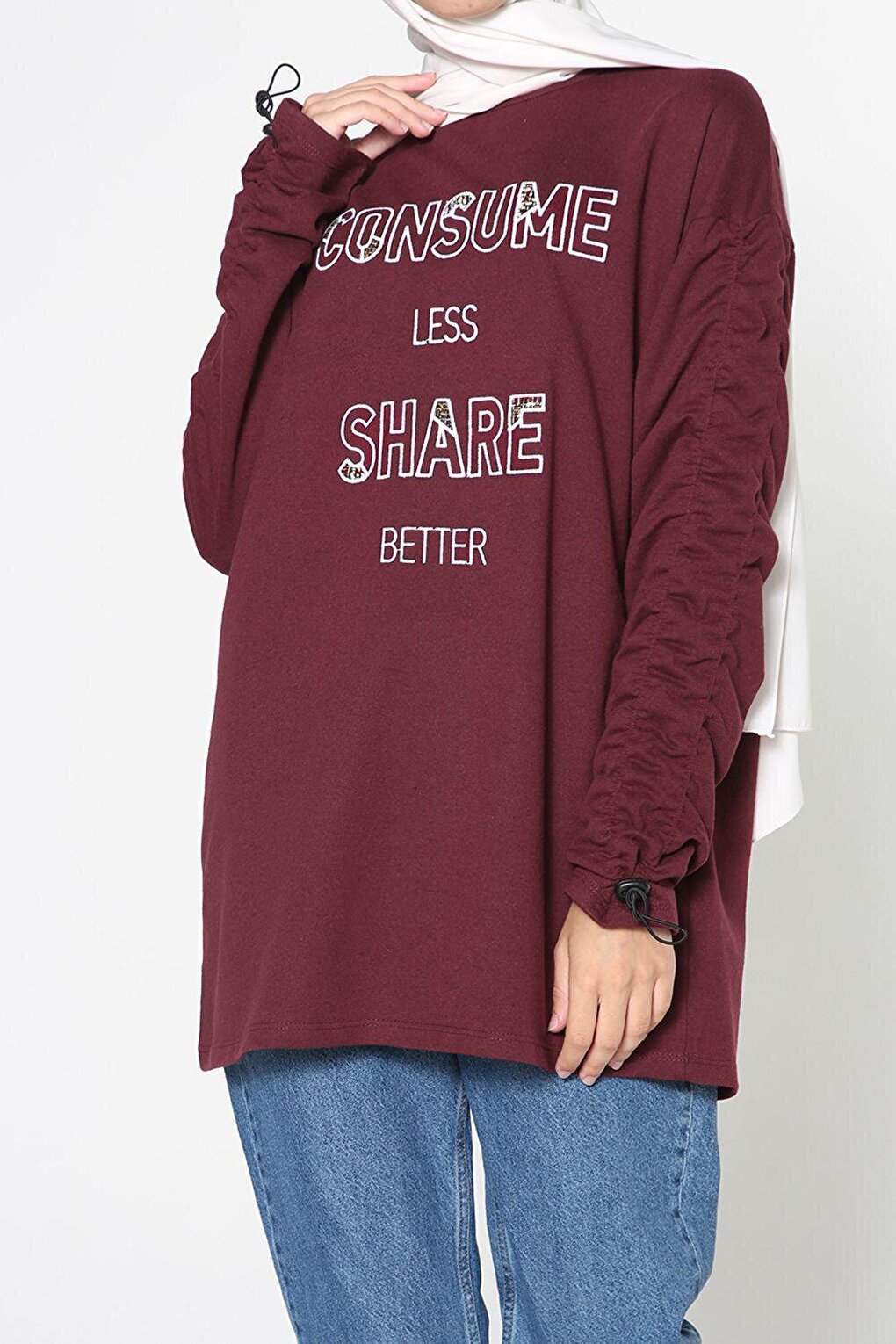 Burgundy Sleeve Elastic Embroidered Sweatshirt