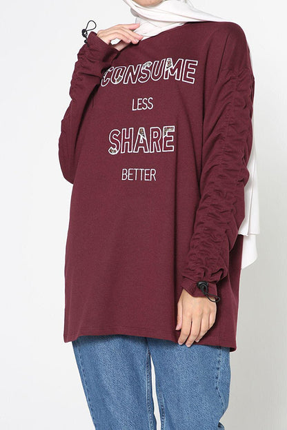 Burgundy Sleeve Elastic Embroidered Sweatshirt