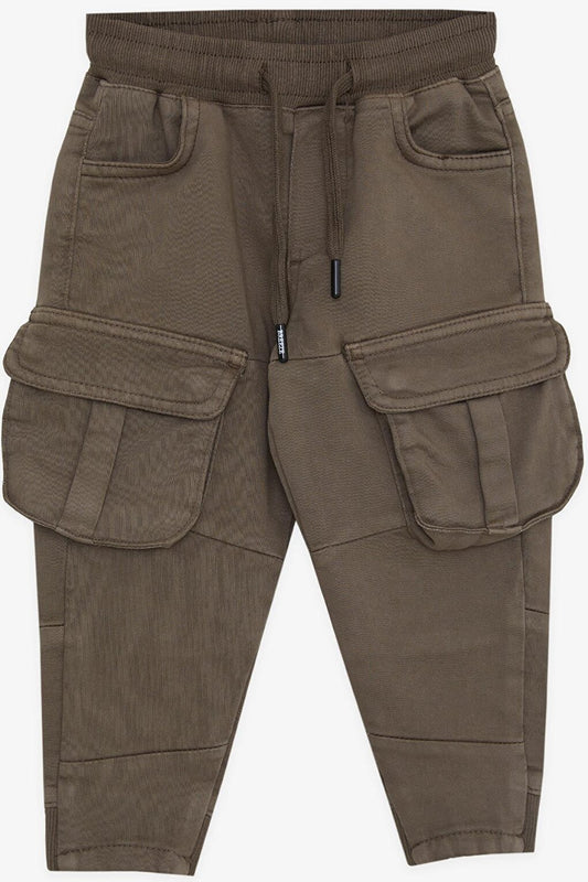 Boy's Trousers with Cargo Pockets, Elastic Waist, Dark Khaki Green (3-7 Years)