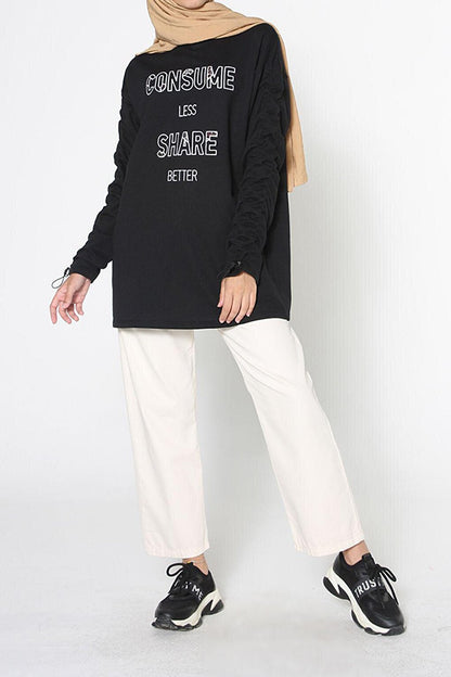 Black Embroidered Sweatshirt with Elastic Sleeves