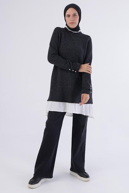 Anthracite Woven Flounce Garnished Tunic with Pearls on Sleeves