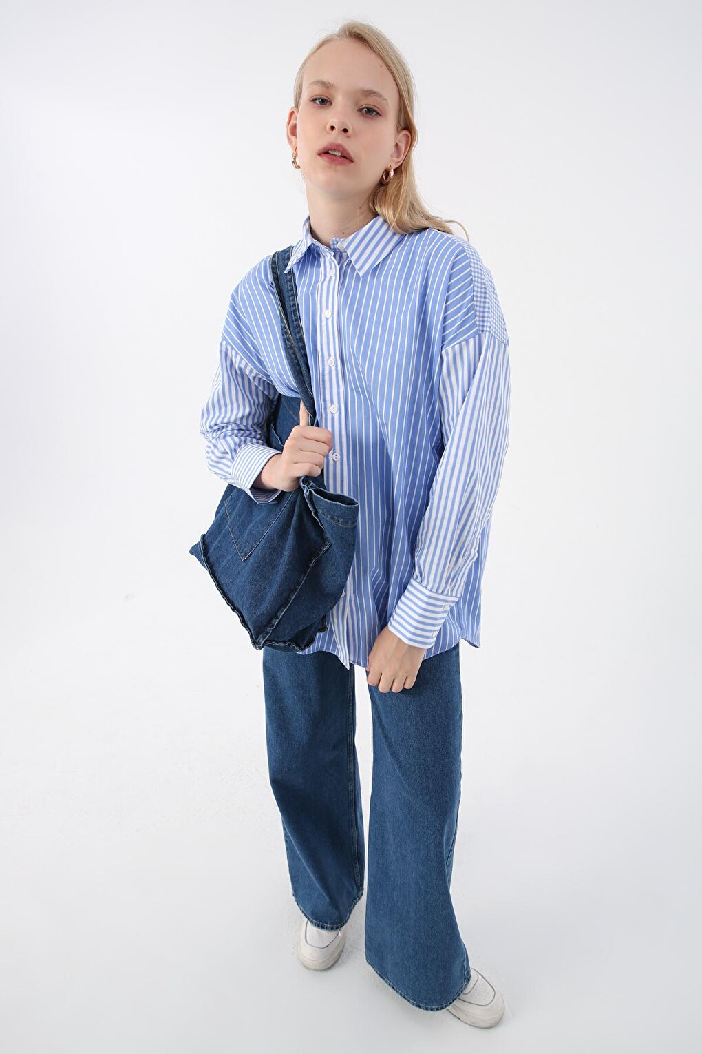 Blue-White 100% Cotton Stripe and Square Patterned Oversize Shirt