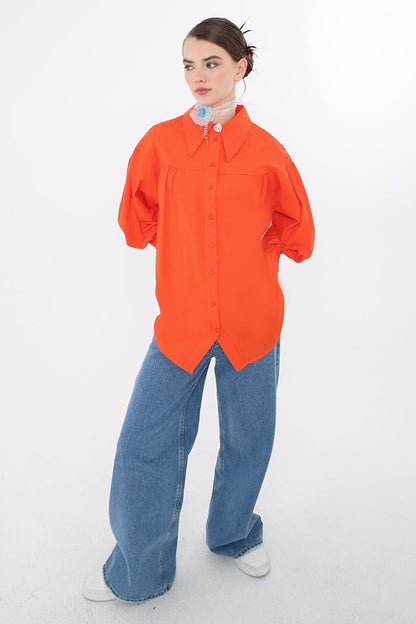 Orange 100% Cotton Oversize Pointed Collar Gathered Balloon Sleeve Shirt