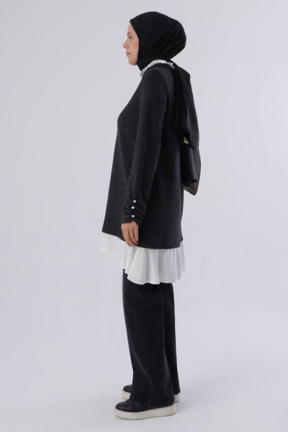 Anthracite Woven Flounce Garnished Tunic with Pearls on Sleeves