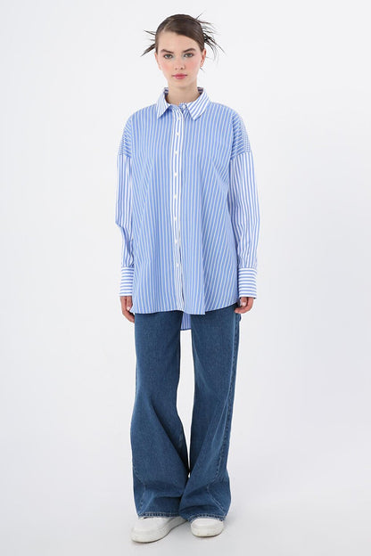 Blue-White 100% Cotton Stripe and Square Patterned Oversize Shirt