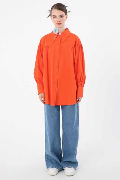 Orange 100% Cotton Oversize Pointed Collar Gathered Balloon Sleeve Shirt