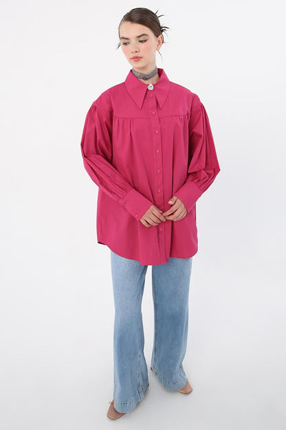 Fuchsia 100% Cotton Oversize Pointed Collar Gathered Balloon Sleeve Shirt