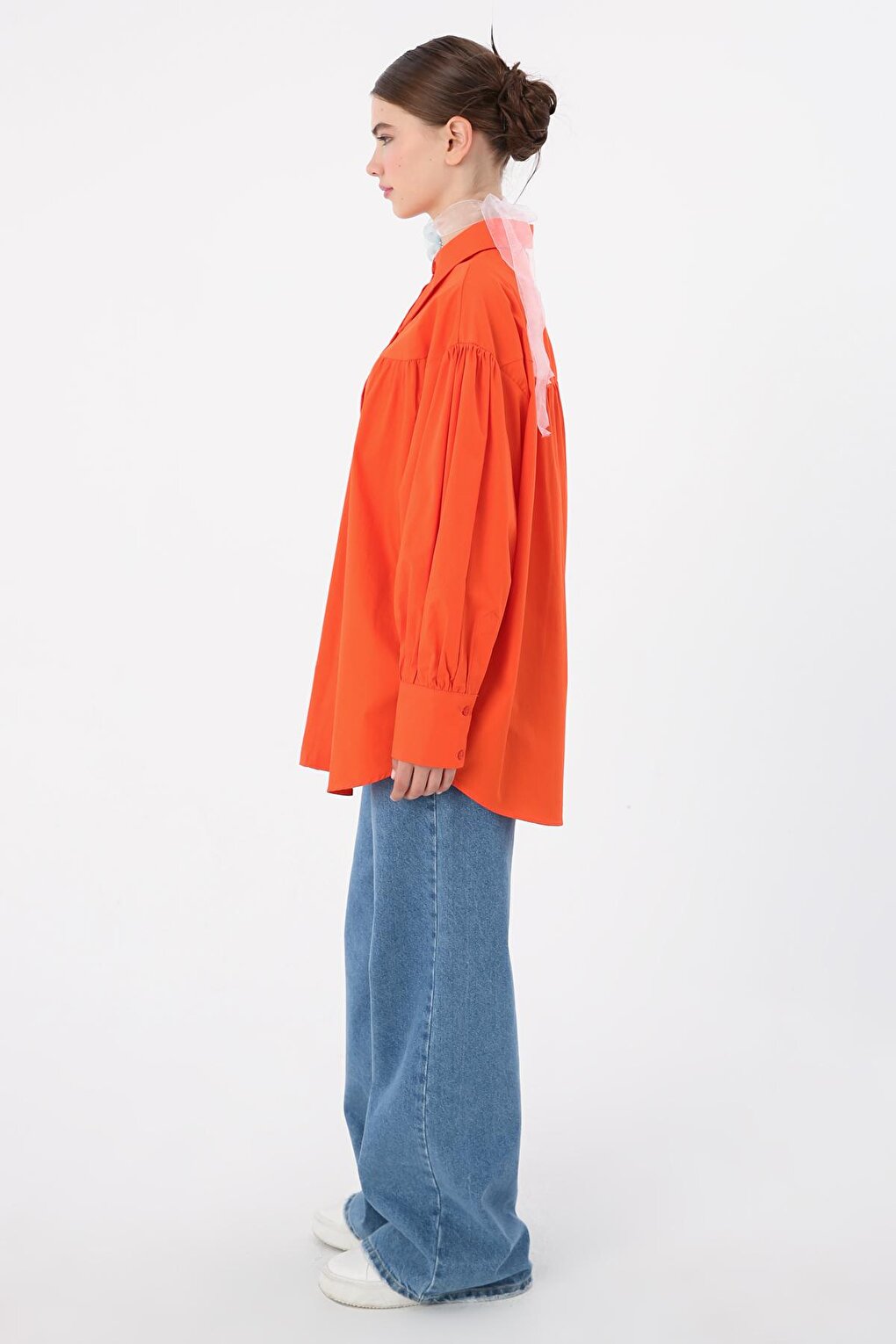 Orange 100% Cotton Oversize Pointed Collar Gathered Balloon Sleeve Shirt