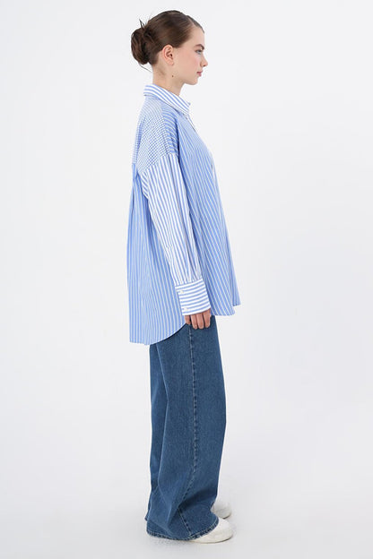 Blue-White 100% Cotton Stripe and Square Patterned Oversize Shirt