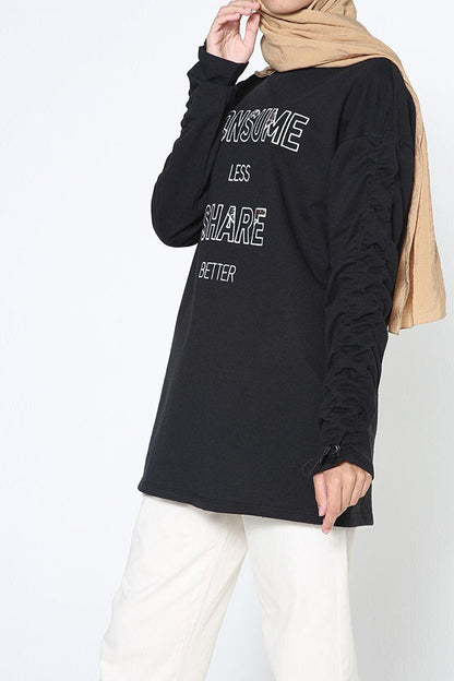 Black Embroidered Sweatshirt with Elastic Sleeves