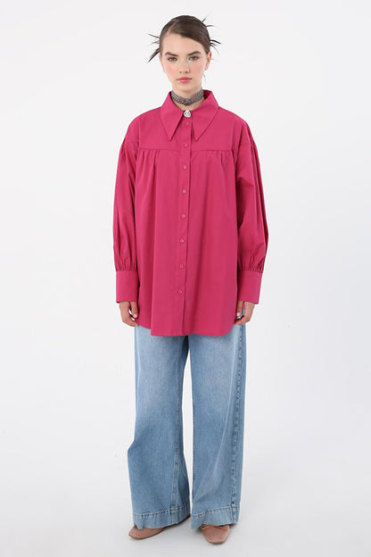 Fuchsia 100% Cotton Oversize Pointed Collar Gathered Balloon Sleeve Shirt