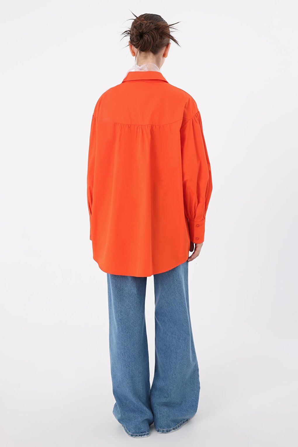 Orange 100% Cotton Oversize Pointed Collar Gathered Balloon Sleeve Shirt