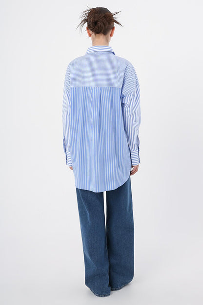 Blue-White 100% Cotton Stripe and Square Patterned Oversize Shirt