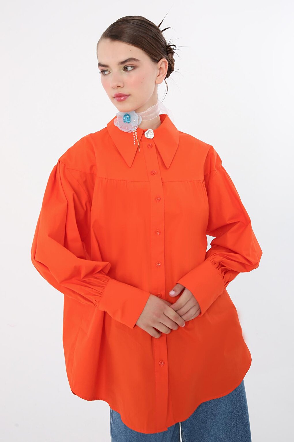 Orange 100% Cotton Oversize Pointed Collar Gathered Balloon Sleeve Shirt