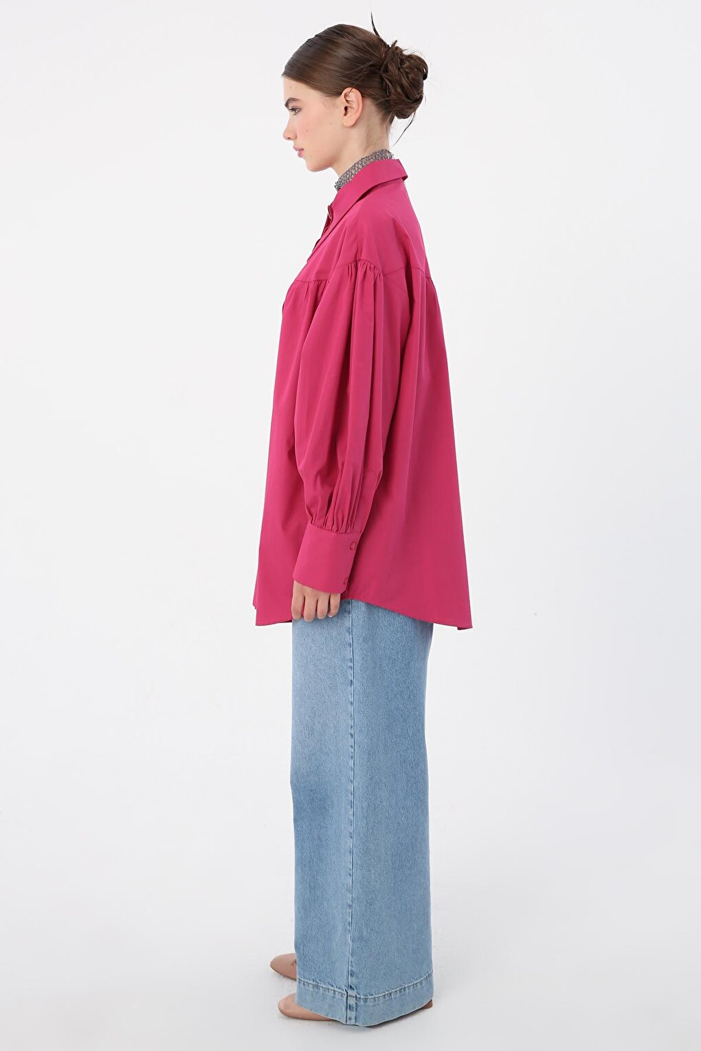 Fuchsia 100% Cotton Oversize Pointed Collar Gathered Balloon Sleeve Shirt