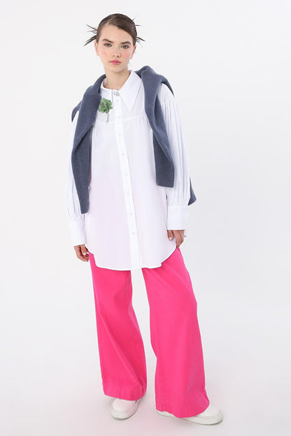 White 100% Cotton Oversize Pointed Collar Gathered Balloon Sleeve Shirt