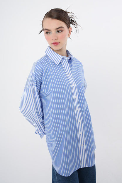 Blue-White 100% Cotton Stripe and Square Patterned Oversize Shirt