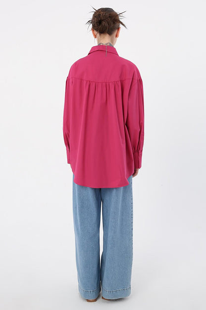 Fuchsia 100% Cotton Oversize Pointed Collar Gathered Balloon Sleeve Shirt