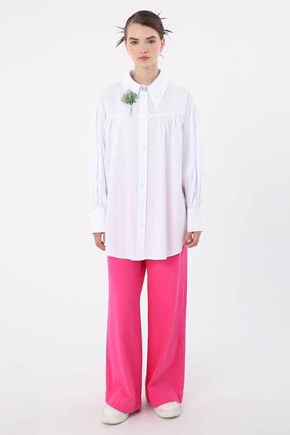 White 100% Cotton Oversize Pointed Collar Gathered Balloon Sleeve Shirt