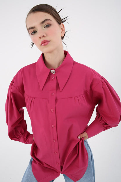 Fuchsia 100% Cotton Oversize Pointed Collar Gathered Balloon Sleeve Shirt