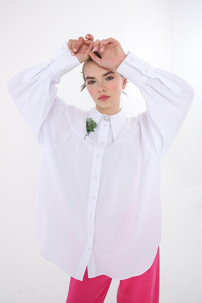 White 100% Cotton Oversize Pointed Collar Gathered Balloon Sleeve Shirt