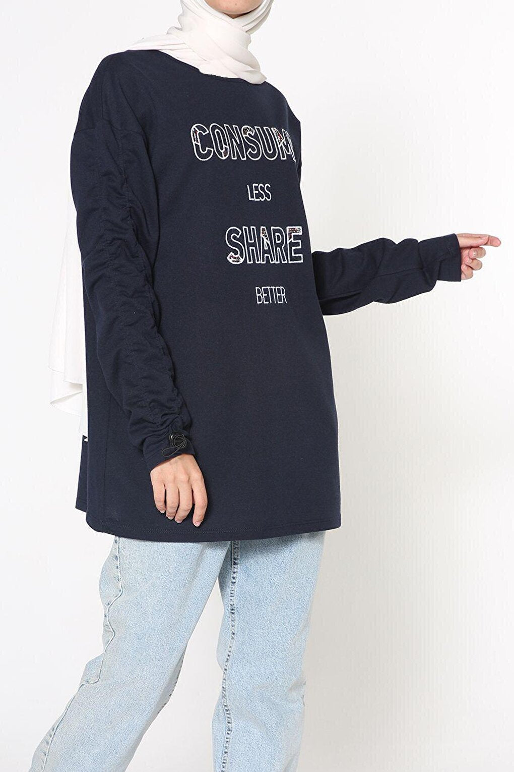 Navy Blue Sleeve Elastic Embroidered Sweatshirt