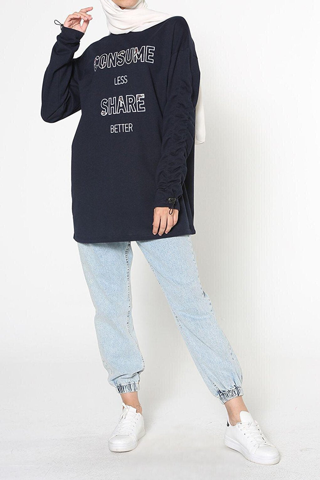 Navy Blue Sleeve Elastic Embroidered Sweatshirt