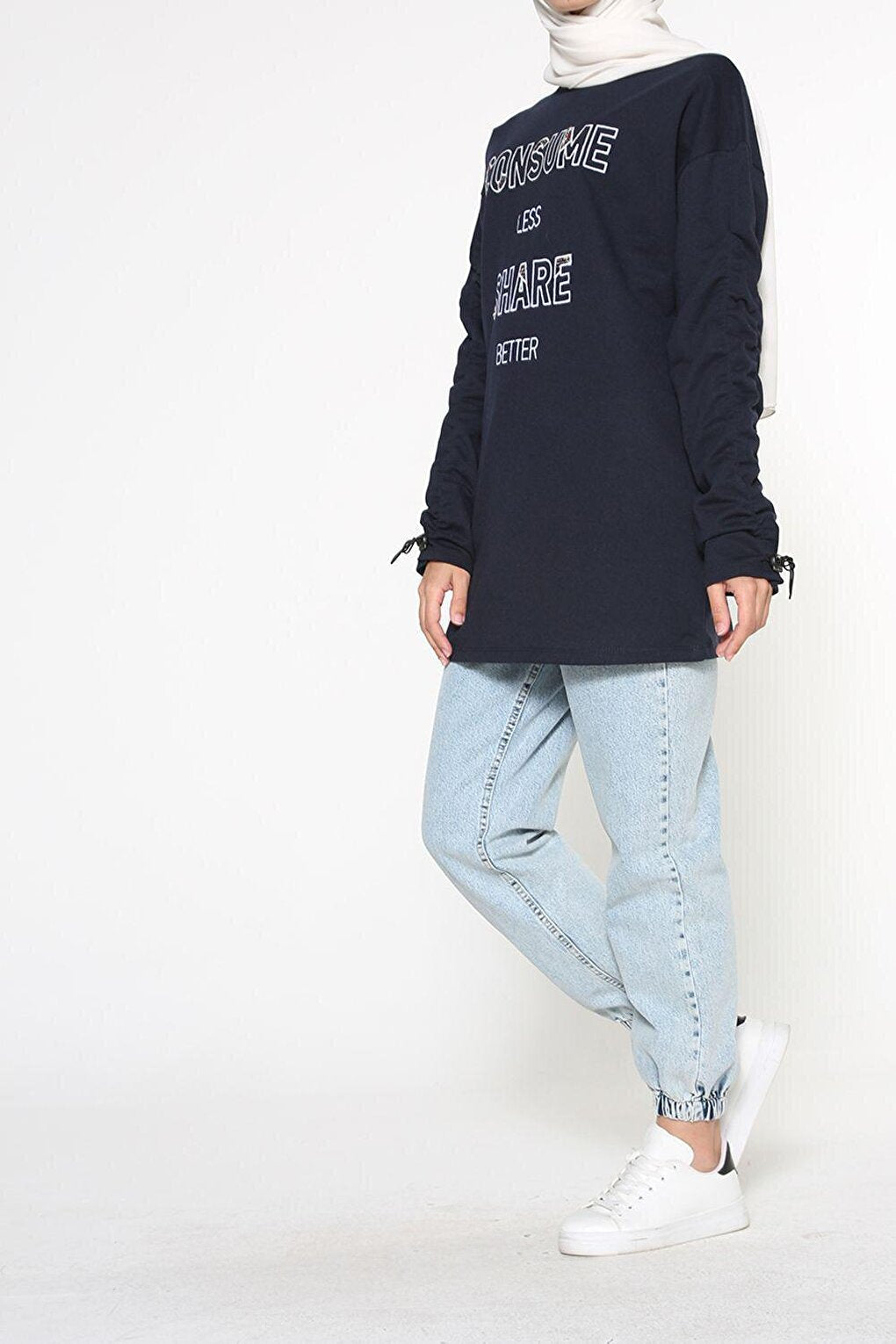 Navy Blue Sleeve Elastic Embroidered Sweatshirt