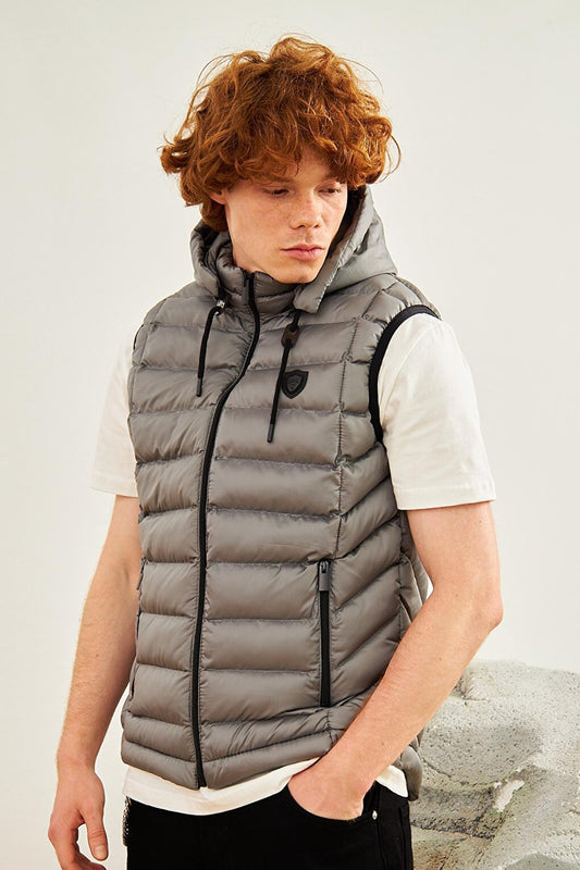 Men's Removable Hooded Standard Mold Puffer Vest Gray